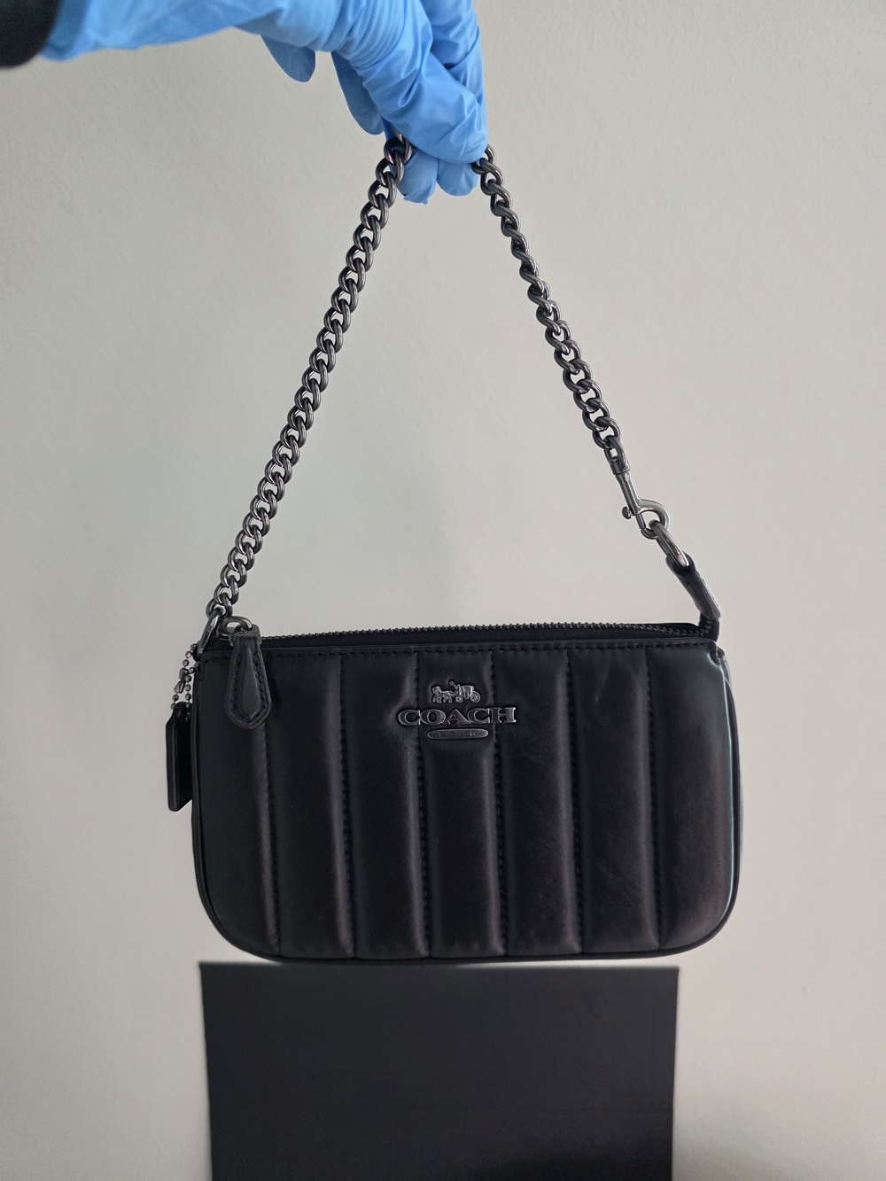 Coach Black Quilted Leather Chain Wristlet Clutch